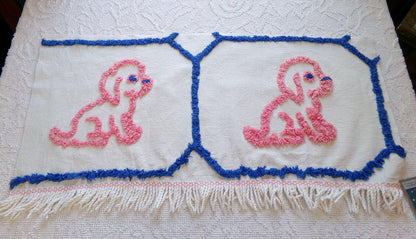 dog lovers! Pink Puppy Dogs Vintage Chenille Fabric, Pair of Puppies on Cotton Feedsack, 12" x 26" Piece for Handmade Quilts, DIY Pillows