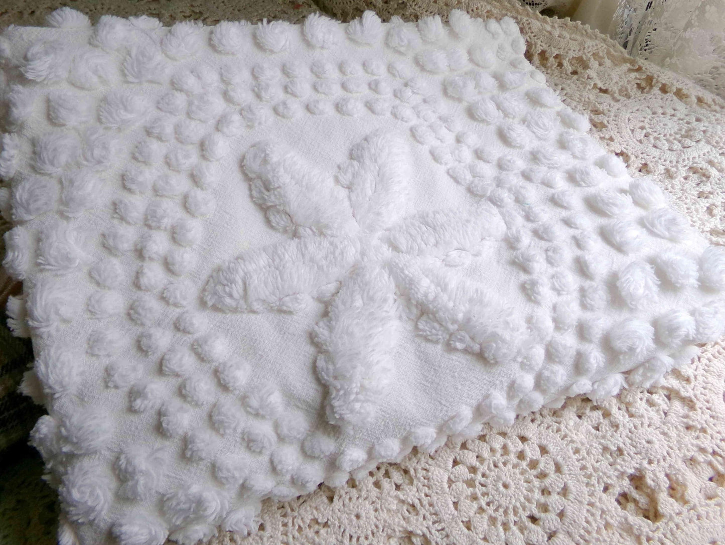 sweet stars 3D vintage chenille fabric, 100% cotton antique white sewing material for pillows, handmade chenille quilts, 28" x 18" cut piece