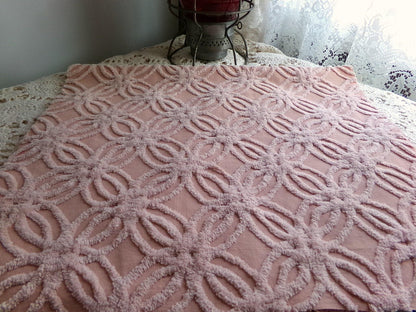 vintage chenille fabric, warm clay mauve geometric wedding ring design, 17" x 28" inch piece for sewing & crafts