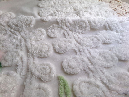 bridal cake vintage chenille fabric, lovely sculpted white curlicues & rosette florals, 20" x 23" inch piece of cotton sewing material