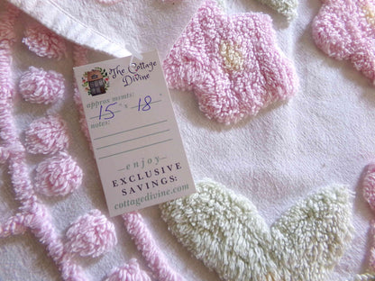 pink rose blooms chenille fabric, vintage style floral wreath quilt material, white 100% cotton, 15" x 18" piece for sewing