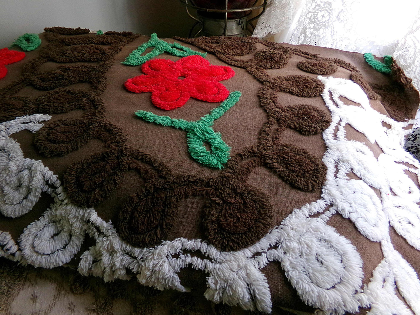 Yummy Chocolate Cherry Cake Vintage Chenille Fabric, Plush 25" x 26" Inch Piece, Great for Boho Pillows, Quilts, Fiber Arts
