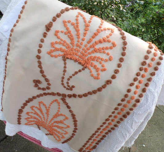 Country Prim Vintage Chenille Fabric, Handtufted Earthtones, 20.5" x 25" inch Piece, Ideal for DIY Pillows & Hippie Quilts