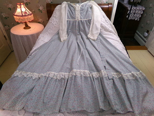 Vintage Gunne Sax Maxi Corset Dress, Dreamy Blue Calico Floral 1970s Prairie Gown, Billowy Sheer Sleeves, XS