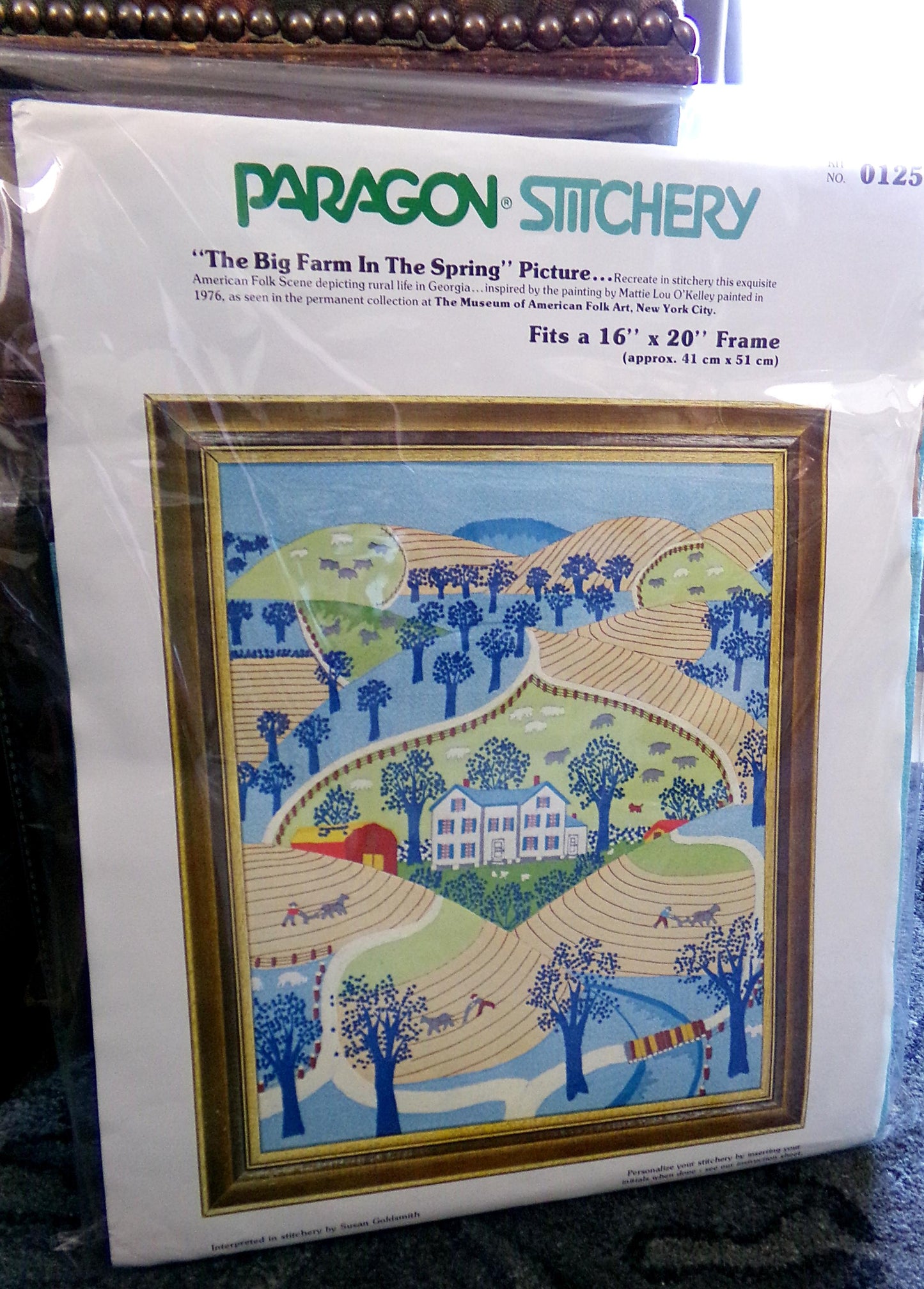 Vintage The BIG FARM In The SPRING Paragon Crewel Embroidery Kit #0125, American Folk Art Stitchery, Susan Goldsmith