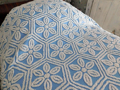 Vintage Chenille Bedspread, White Daisy Hexagon Design on Sky Blue, Full Size 1950s Geometric Design, 100% Cotton