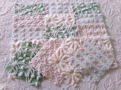 vintage chenille fabric quilt squares, "granny's garden" set of 16 blocks, 6" x 6" inch, pretty in rag quilts & patchwork pillows