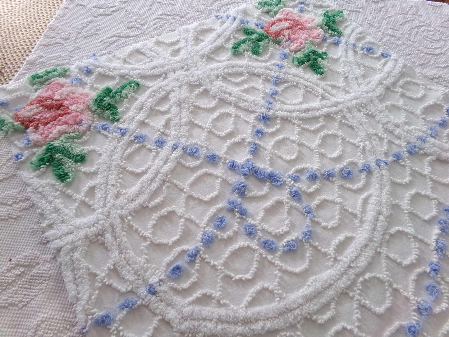 lovely cottage style floral fabric, 25" x 28" inch piece cut from vintage chenille bedspread, pink rose on white geometric loops & blue pops
