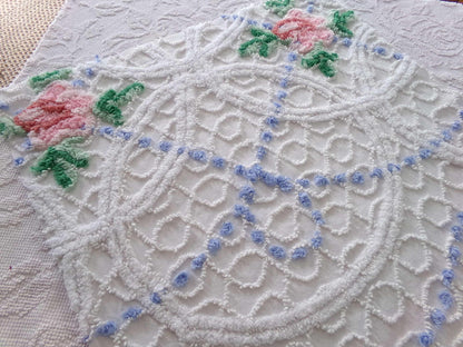 lovely cottage style floral fabric, 25" x 28" inch piece cut from vintage chenille bedspread, pink rose on white geometric loops & blue pops