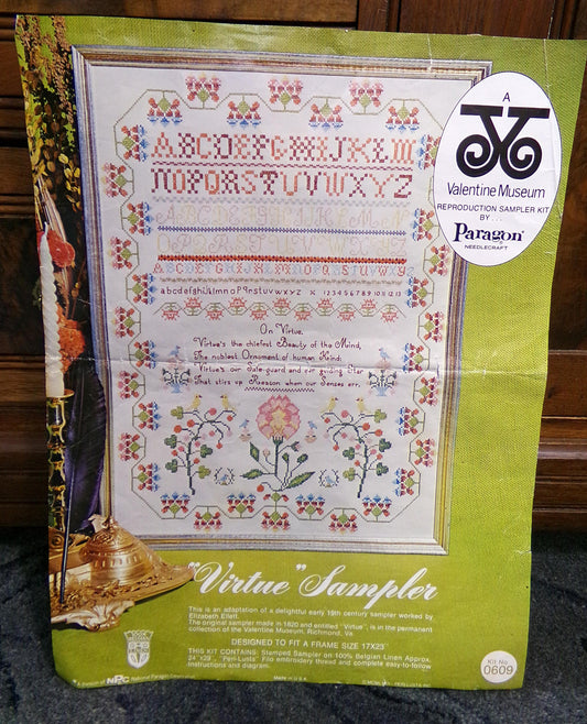 VIRTUE Embroidery Sampler, Paragon 0609 Valentine Museum Reproduction, Vintage Cross Stitch Stitchery Kit on Belgian Linen