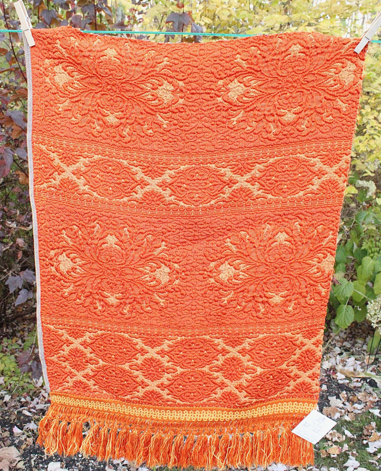 Orange & Gold Vintage Tapestry Fabric, Shimmer Woven Heavyweight Damask Material, 20" x 25" inch piece with Luxurious Fringe