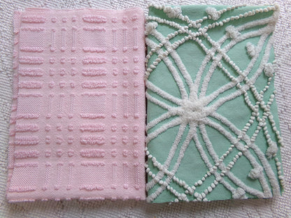 Vintage Chenille Fabric: 2 Pieces Quilt Material 12" x 18" each in Jade Green Tufts & Ballet Pink Dash Dots