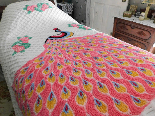 Sprawling Pink Peacock Vintage Chenille Bedspread, Rose Floral Accents on White, 100% Cotton, Full Size