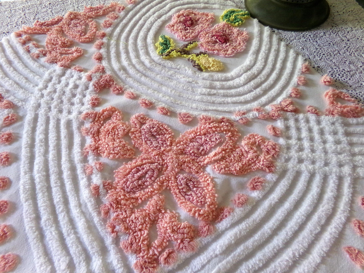 Shabby Rose Swirl Vintage Chenille Fabric, 26" x 29" inch Piece, Upcycle into Pillows, Quilts & Crafts