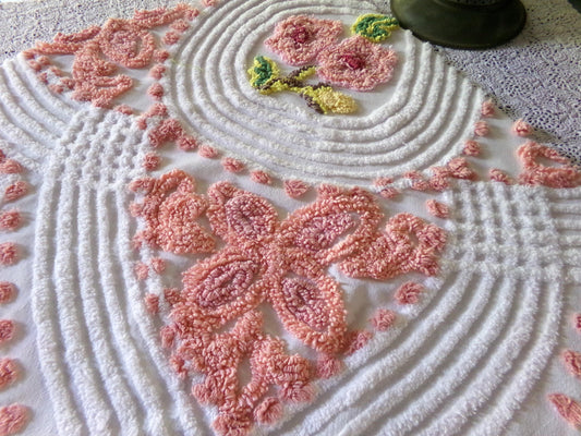 Shabby Rose Swirl Vintage Chenille Fabric, 26" x 29" inch Piece, Upcycle into Pillows, Quilts & Crafts