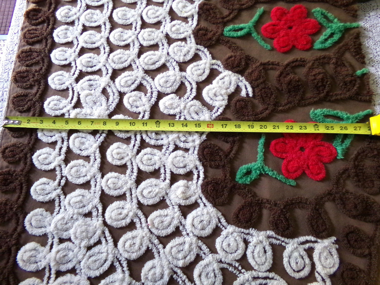 Yummy Chocolate Cherry Cake Vintage Chenille Fabric, Plush 25" x 26" Inch Piece, Great for Boho Pillows, Quilts, Fiber Arts