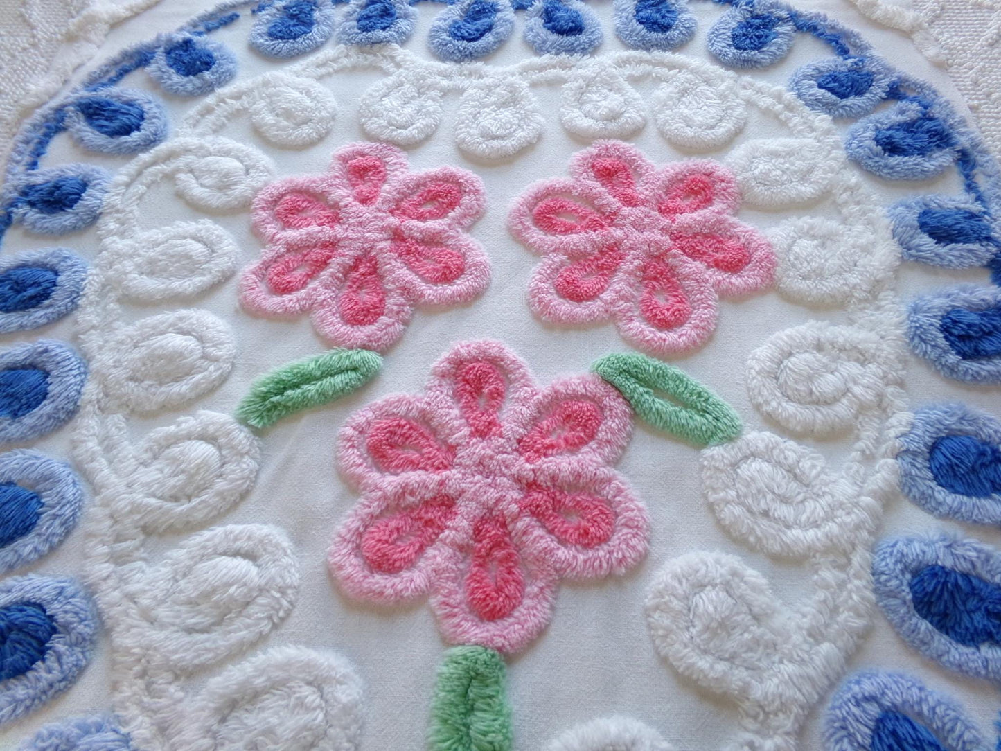 shabby pink & blue vintage chenille heart fabric, trio of roses with curlicue swirls, 18" x 22" piece of sewing material great for pillow