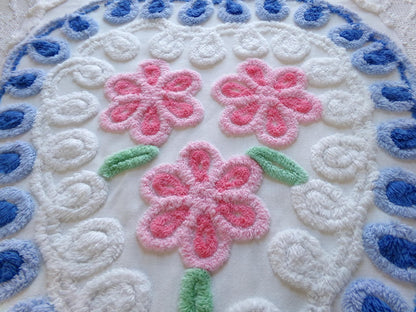 shabby pink & blue vintage chenille heart fabric, trio of roses with curlicue swirls, 18" x 22" piece of sewing material great for pillow