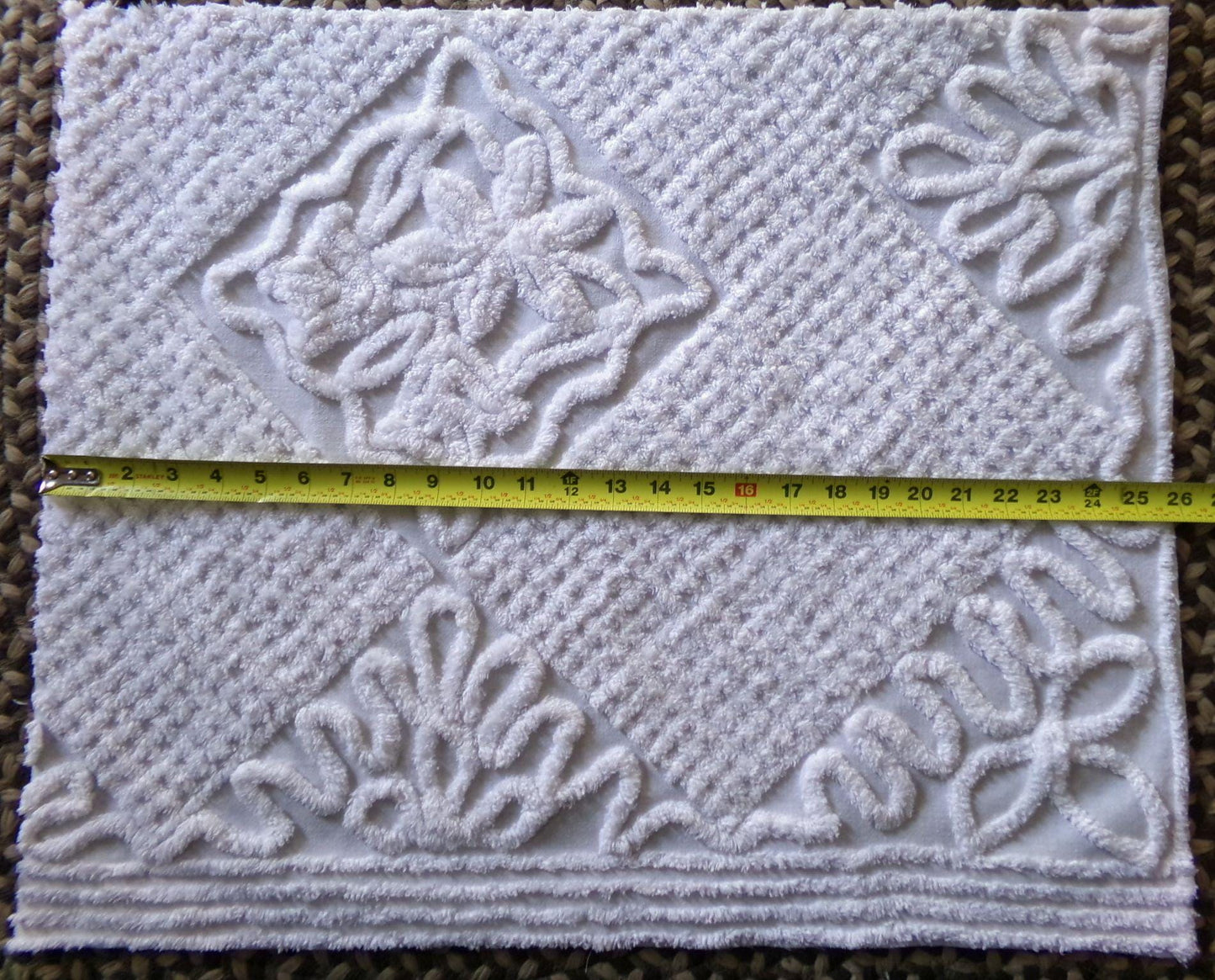 soft white lily chenille fabric, elaborate squiggle floral grid design, 20" x 25" inch piece shabby vintage cotton sewing & quilt material