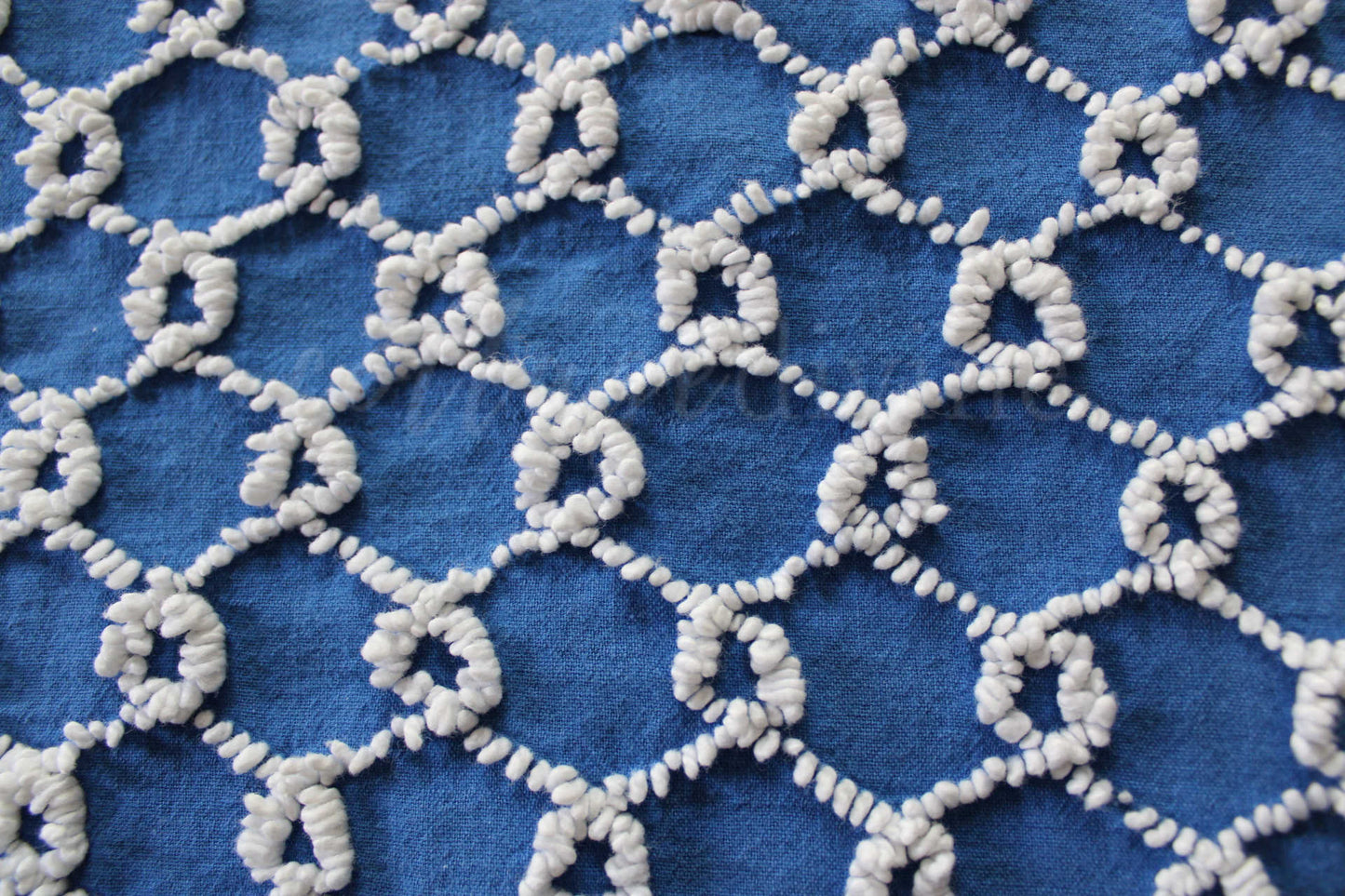 Chain Link Cobalt Blue Vintage Chenille Fabric, 20" x 24"' inch piece, White Needletufted Links on Ultra Lightweight Cotton