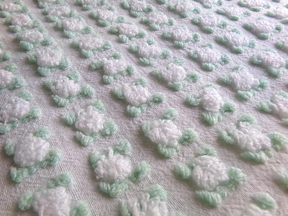 Plump White Rosebuds Vintage Chenille Fabric, 19" x 25" Piece, Beautiful Roses with Mint Green Leaves