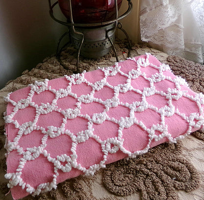 Chain Link Pink & White Vintage Chenille Fabric, Bates Texturized Needletuft Design, 18" x 24" inch Lightweight Piece