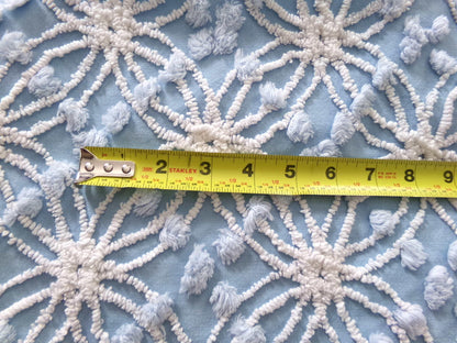 cottage coastal chic fabric, 22" x 24" inch piece cut from vintage chenille bedspread, needletuft white wedding rings with overtufted pops