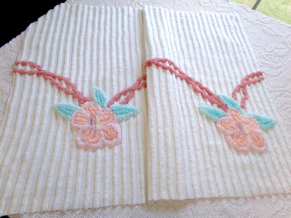 rose garland vintage chenille fabric, floral 20" x 29" piece of white cotton sewing material for crafts, pillows