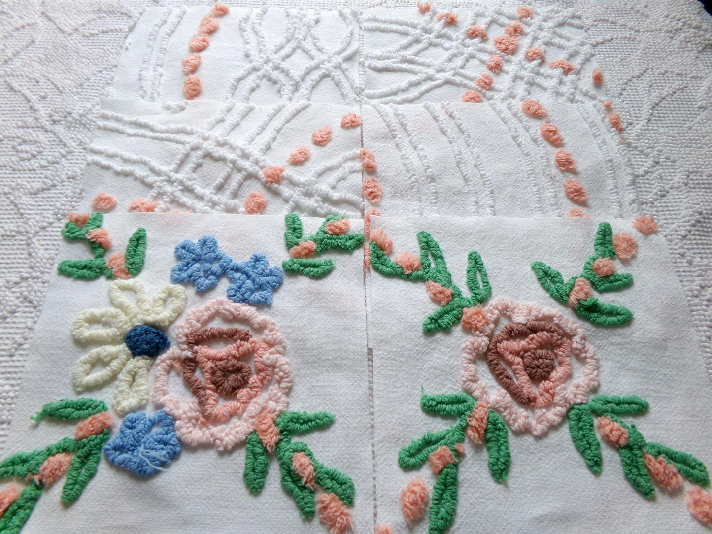 cottage style chenille fabric squares, set of 6 vintage 7.5" quilt blocks, peach, white rose floral & geometric for sewing, crafts, quilting