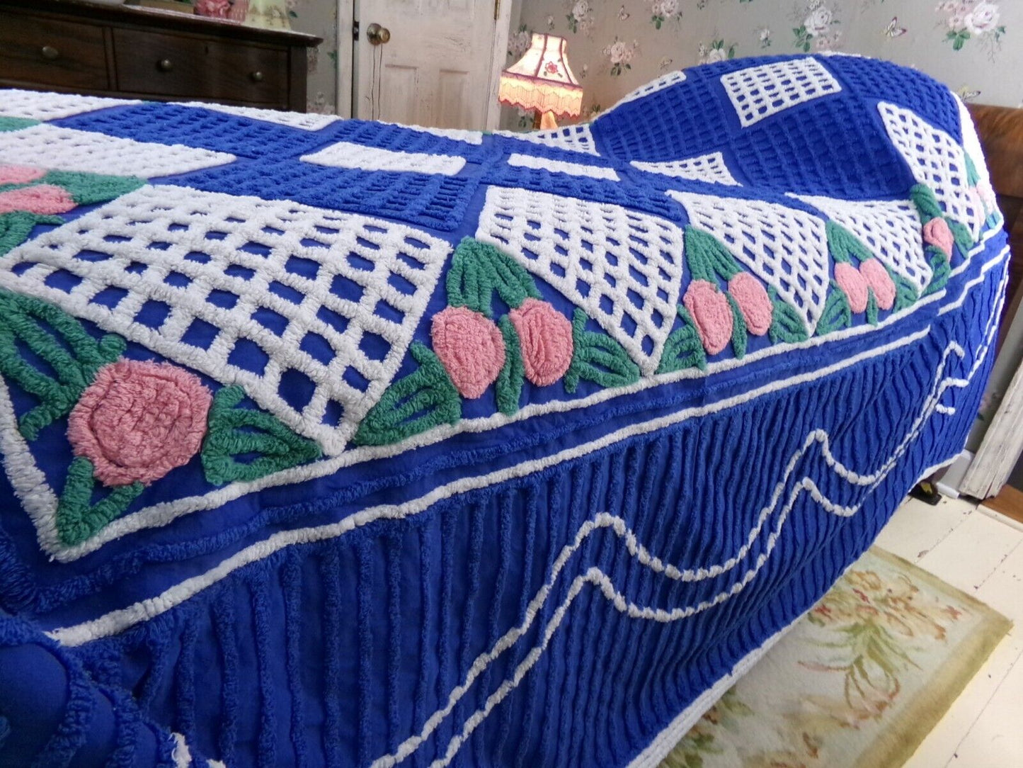 Regal Blue Vintage Chenille Bedspread, Pink Rosettes & White Waffle Tufts, Full Size