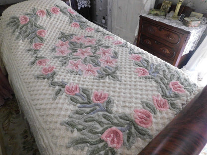 vintage chenille bedspread in a lush garden of pink lilies, buttercream twin size bedding, fitted design with ruffle skirt