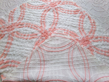 creamsicle peach & white chenille fabric piece, vintage cotton quilt material, wedding ring design, 18" x 23"