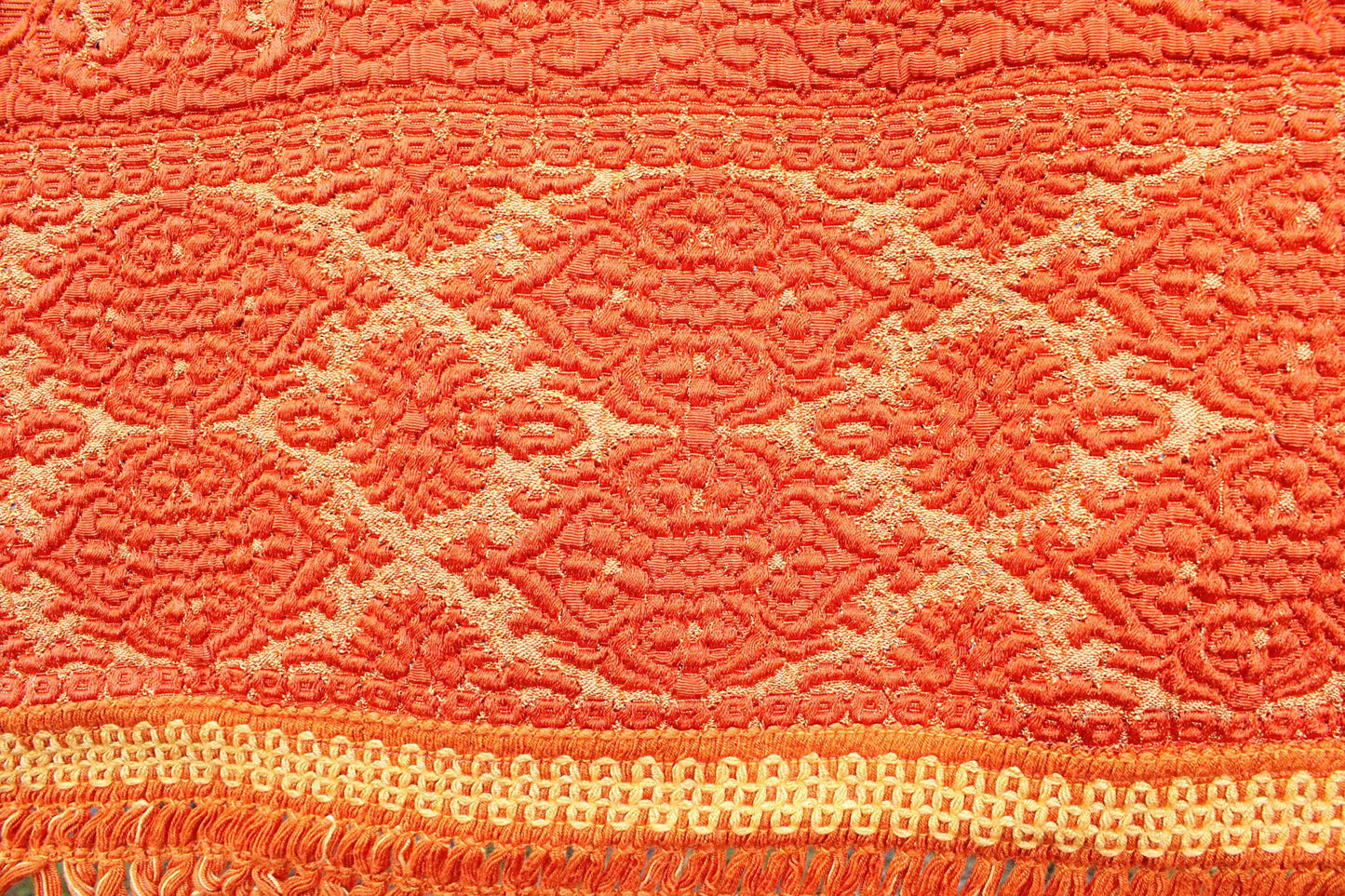 Orange & Gold Vintage Tapestry Fabric, Shimmer Woven Heavyweight Damask Material, 20" x 25" inch piece with Luxurious Fringe