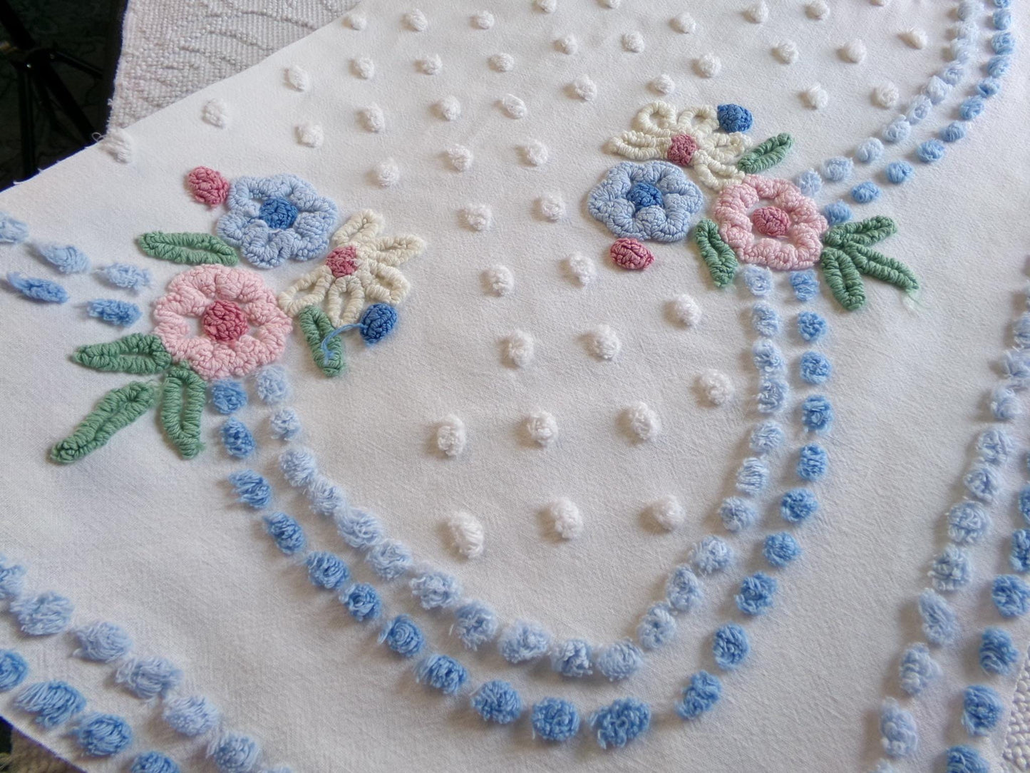 shabby divine vintage chenille fabric, prettiest floral 18" x 34" inch large piece of cotton sewing material, great for quilting & crafts