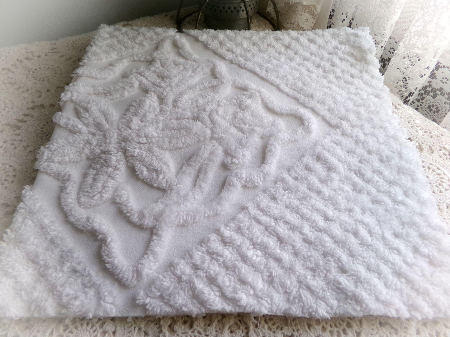 soft white lily chenille fabric, elaborate squiggle floral grid design, 20" x 25" inch piece shabby vintage cotton sewing & quilt material