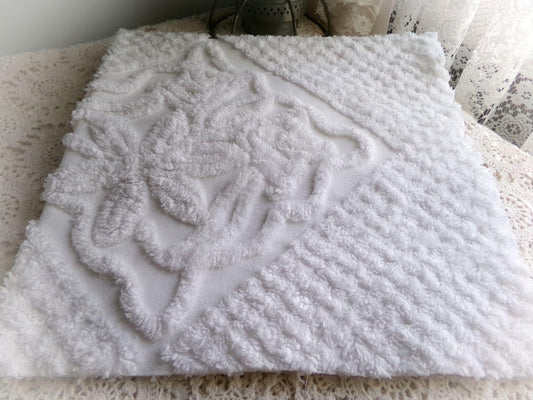 soft white lily chenille fabric, elaborate squiggle floral grid design, 20" x 25" inch piece shabby vintage cotton sewing & quilt material