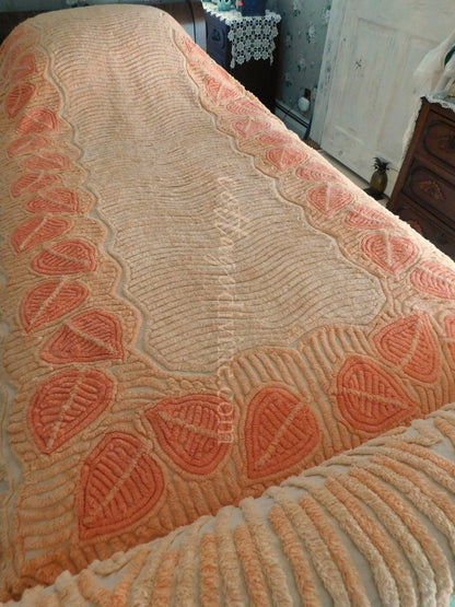 Fancy Falling Leaves Vintage Cozy Peach Chenille Bedspread, 1940s Era Cotton, Twin Size
