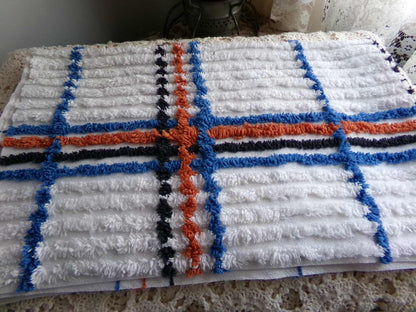 Vintage Chenille Fabric in a Unique Geometric Design, 28" x 15.5" inches, Masculine Black, Rust & Blue on White Cotton