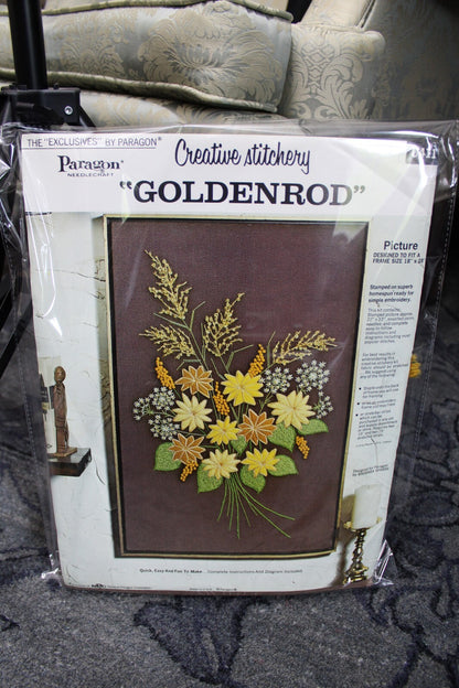 GOLDENROD Crewel Embroidery Kit Boho Hippie Floral Vtg Paragon Stitchery 0411