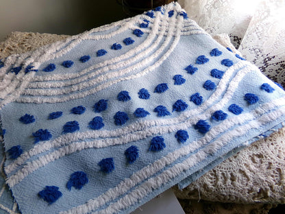 Cottage Style Blue Chenille Fabric, Pretty Pink Roses, 23" x 21" inch Piece, Great for Handmade Quilts & DIY Pillow Covers