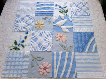 meadow skies vintage chenille fabric squares, set of 16 serene 6" quilt blocks, geometrics, daisy & lupine flowers for crafts, sewing