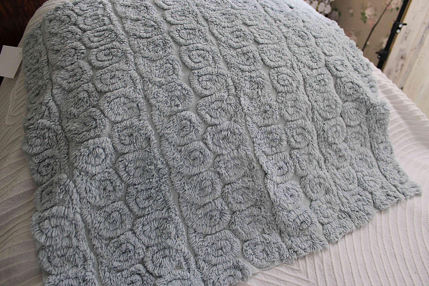 Tranquil Velvety Plush Swirls Vintage Chenille Bedspread Quilt Fabric, 22" x 25" inch Piece; Stardust Blue Curlicues