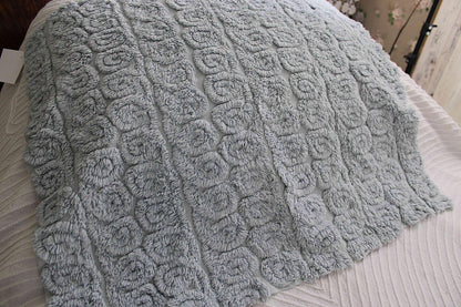 Tranquil Velvety Plush Swirls Vintage Chenille Bedspread Quilt Fabric, 22" x 25" inch Piece; Stardust Blue Curlicues