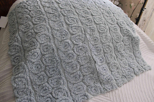 Tranquil Velvety Plush Swirls Vintage Chenille Bedspread Quilt Fabric, 22" x 25" inch Piece; Stardust Blue Curlicues