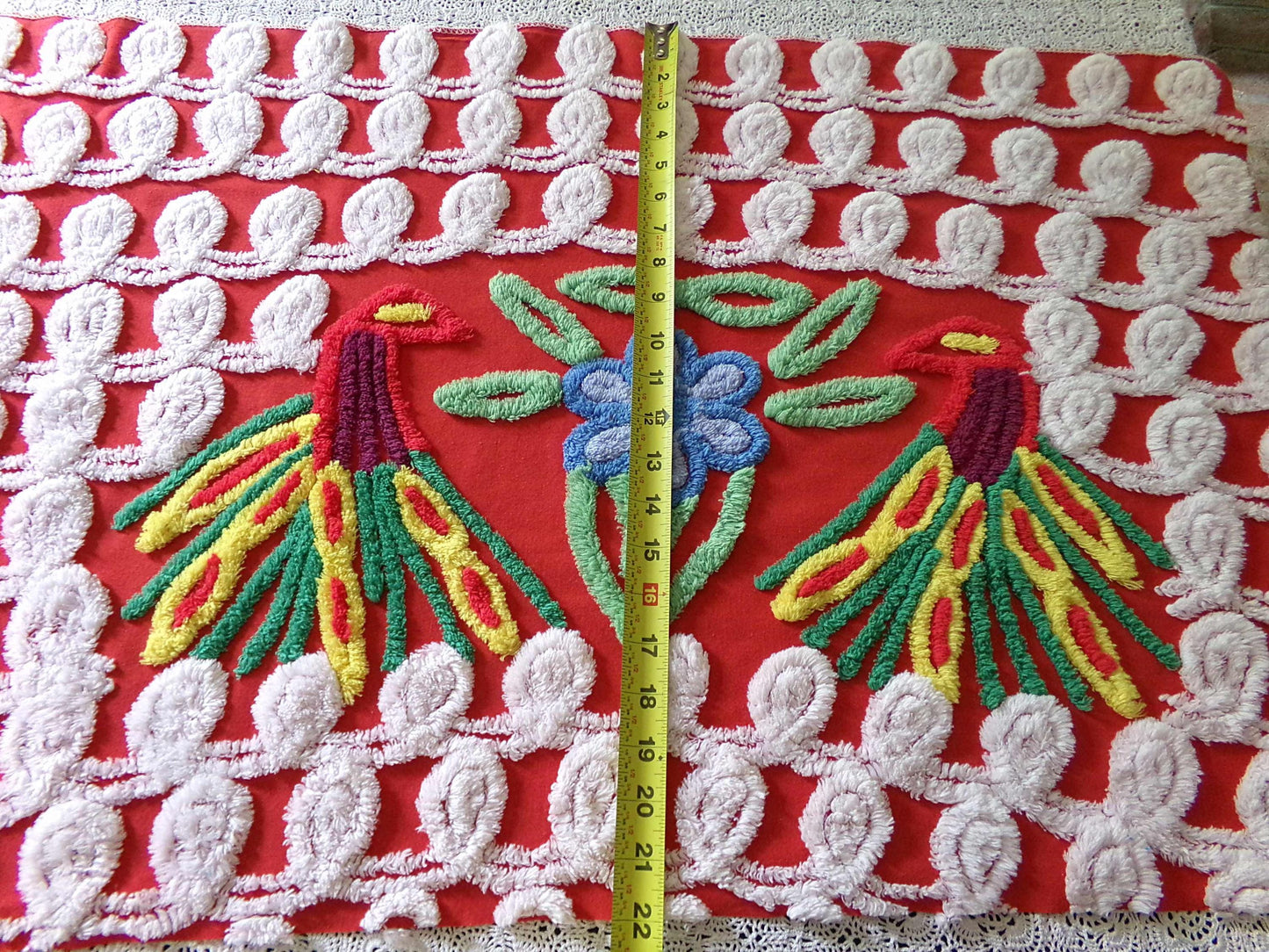 Vintage Peacock Chenille Bedspread Fabric, Pair of Lovebirds on Vivid Red & White Curlicues, 31" x 20" inch Piece, 100% Cotton