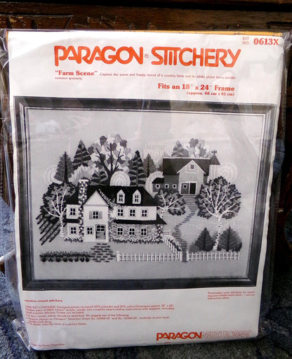FARM SCENE Vintage Crewel Embroidery Kit Hippie Country House, Paragon Needlecraft Stitchery, Kit# 0613X, Design by Doris Chaconas