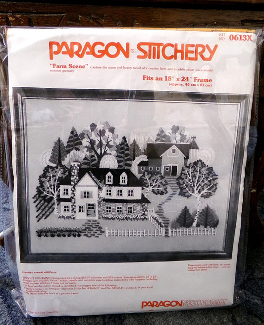FARM SCENE Vintage Crewel Embroidery Kit Hippie Country House, Paragon Needlecraft Stitchery, Kit# 0613X, Design by Doris Chaconas
