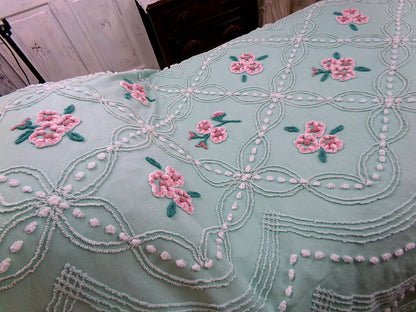 jade green pink rose vintage chenille bedspread, beautiful twin size shabby chic style bedding, great as a summer cottage coverlet