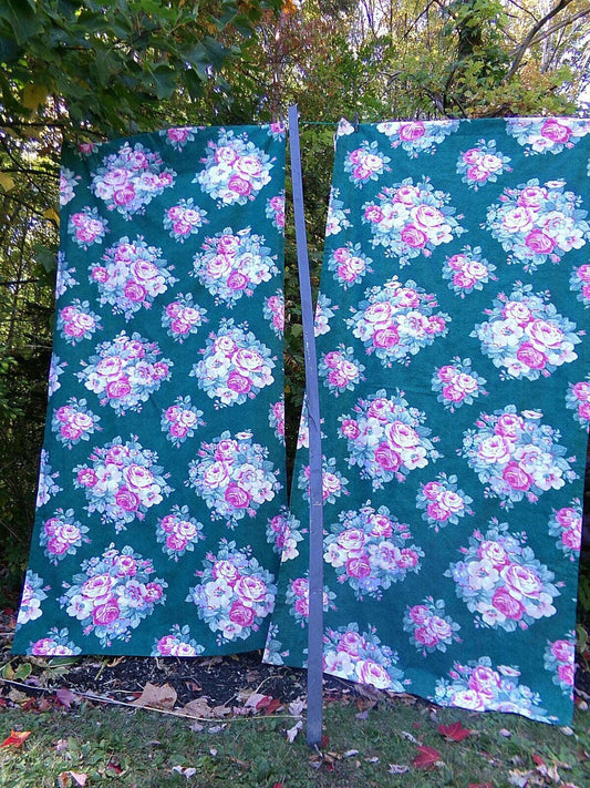 Ralph Lauren Hayley Floral Drapes Window Curtains, Pair of Vintage Green Panels