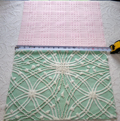 Vintage Chenille Fabric: 2 Pieces Quilt Material 12" x 18" each in Jade Green Tufts & Ballet Pink Dash Dots